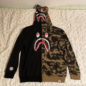 Bape half green half black shark zip up hoodie copy